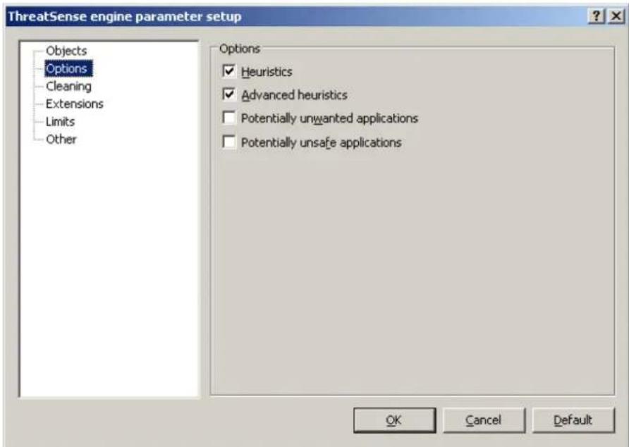 ThreatSense engine parameter setup Objects Options Cleaning Extensions Limits Other Options Heuristics Advanced heuristics Potentially unwanted applications Potentially unsafe applications OK Cancel Default