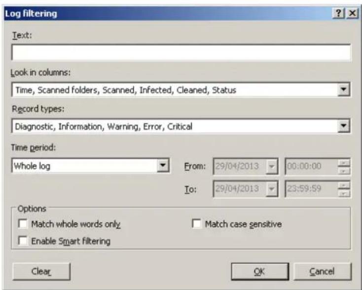 Log filtering Text: Look in columns: Time, Scanned folders, Scanned, Infected, Cleaned, Status Record types: Diagnostic, Information, Warning, Error, Critical Time period: Whole log From: 29/04/2013 00:00:00 To: 29/04/2013 23:59:59 Options Match whole words only Match case sensitive Enable Smart filtering Clear OK Cancel