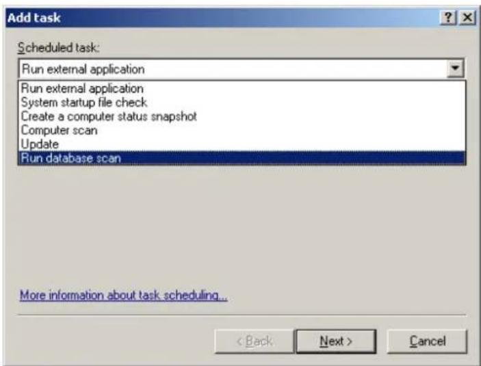 Add task Scheduled task: Run external application Run external application System startup file check Create a computer status snapshot Computer scan Update Run database scan More information about task scheduling... < Back Next > Cancel