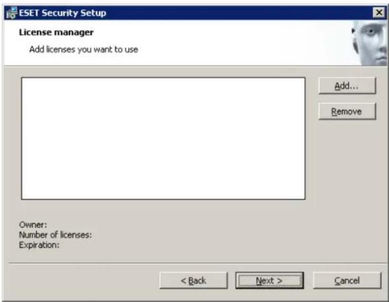 ESET Security Setup License manager Add licenses you want to use Add... Remove Owner: Number of licenses: Expiration: < Back Next > Cancel