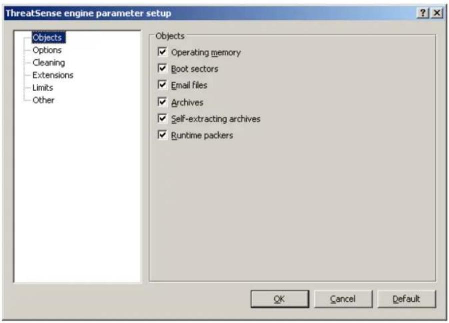 ThreatSense engine parameter setup Objects Options Cleaning Extensions Limits Other Objects ✓ Operating memory ✓ Boot sectors ✓ Email files ✓ Archives ✓ Self-extracting archives ✓ Runtime packers OK Cancel Default