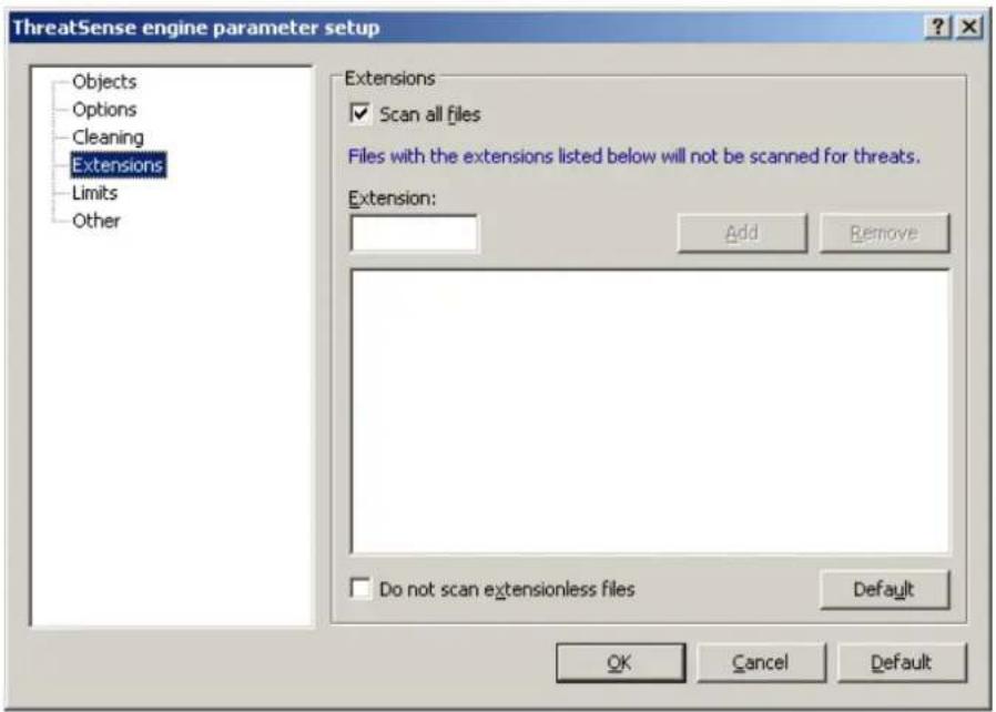 ThreatSense engine parameter setup Objects Options Cleaning Extensions Limits Other Extensions ✓ Scan all files Files with the extensions listed below will not be scanned for threats. Extension: Add Remove Do not scan extensionless files Default OK Cancel Default