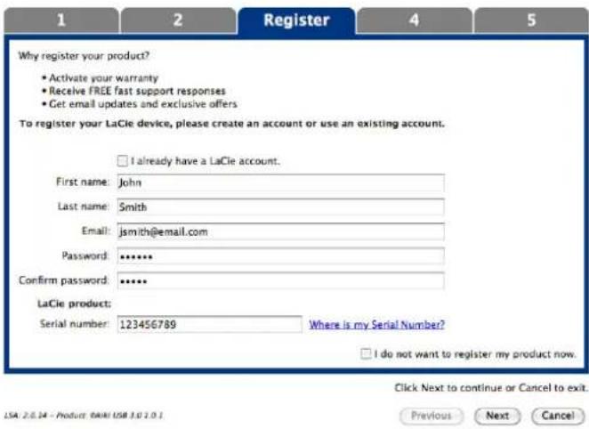 Why register your product? • Activate your warranty • Receive FREE fast support responses • Get email updates and exclusive offers To register your LaCle device, please create an account or use an existing account. □ I already have a LaCle account. First name: John Last name: Smith Email: jsmith@ema…
