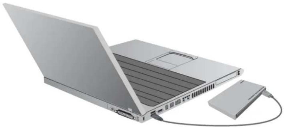 Illustration of a silver laptop connected to a USB cable and an external drive (no text or symbols visible)