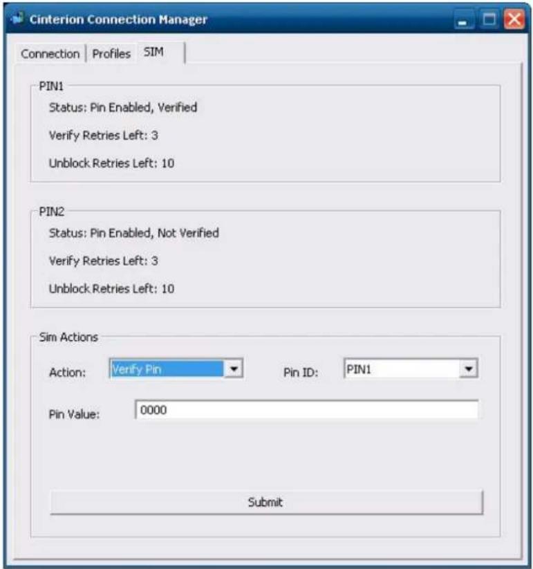 Cinterion Connection Manager Connection Profiles SIM PIN1 Status: Pin Enabled, Verified Verify Retries Left: 3 Unblock Retries Left: 10 PIN2 Status: Pin Enabled, Not Verified Verify Retries Left: 3 Unblock Retries Left: 10 Sim Actions Action: Verify Pin Pin ID: PIN1 Pin Value: 0000 Submit