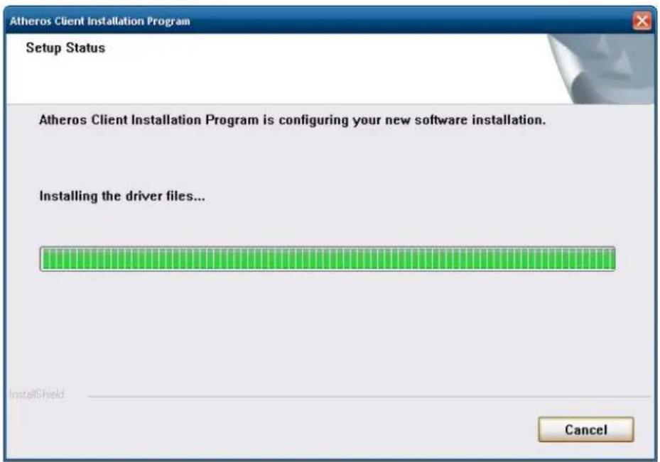 Atheros Client Installation Program Setup Status Atheros Client Installation Program is configuring your new software installation. Installing the driver files... InstallShield Cancel
