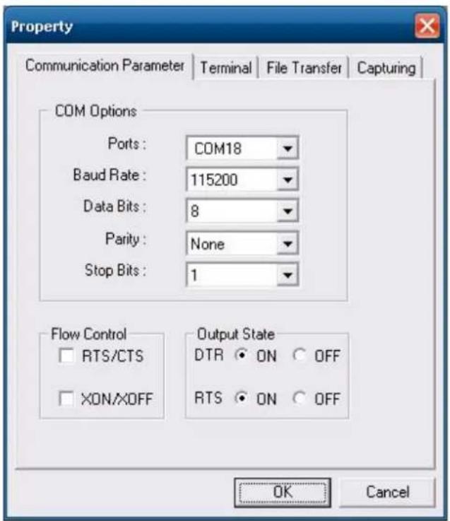 Property Communication Parameter | Terminal | File Transfer | Capturing | COM Options Ports : COM18 Baud Rate : 115200 Data Bits : 8 Parity : None Stop Bits : 1 Flow Control RTS/CTS XON/XOFF Output State DTR ON OFF RTS ON OFF OK Cancel