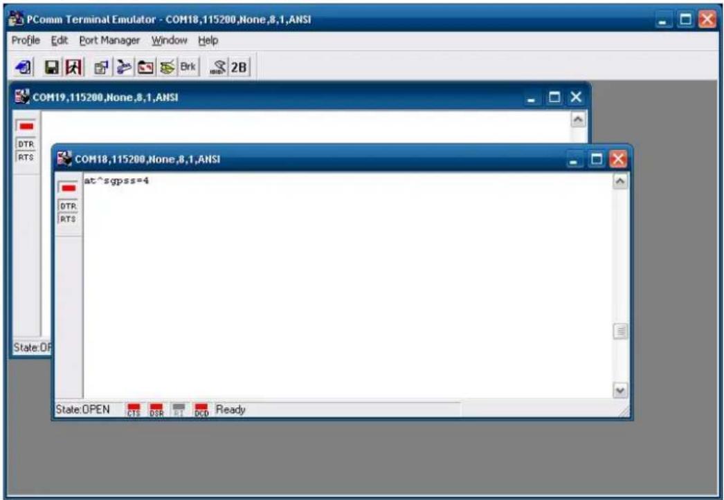 PComm Terminal Emulator - COM18,115200,None,8,1,ANSI Profile Edit Port Manager Window Help COM19,115200,None,8,1,ANSI DTR RTS COM18,115200,None,8,1,ANSI at^sgpss=4 DTR RTS State:OPEN CS DSR R1 OCD Ready