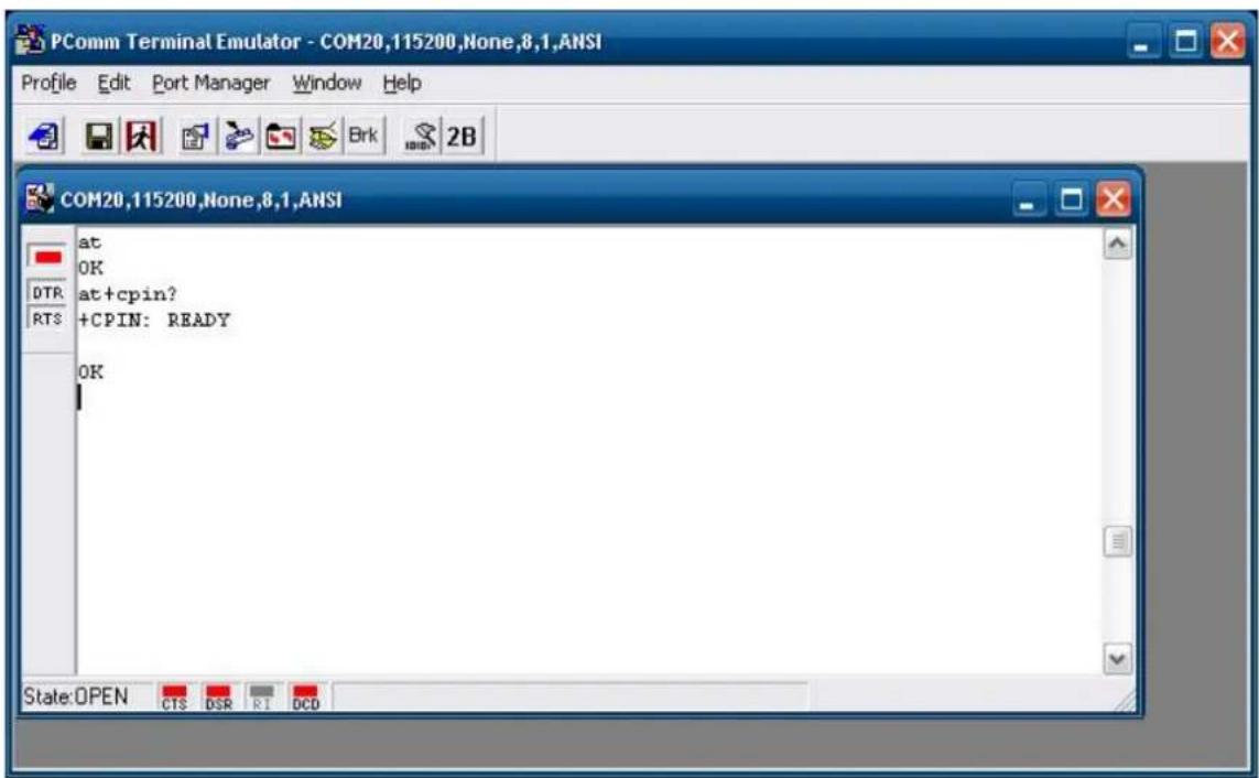 PComm Terminal Emulator - COM20,115200,None,8,1,ANSI Profile Edit Port Manager Window Help COM20,115200,None,8,1,ANSI at OK AT+cpin? +CPIN: READY OK State:OPEN CTS DSR RI OCD