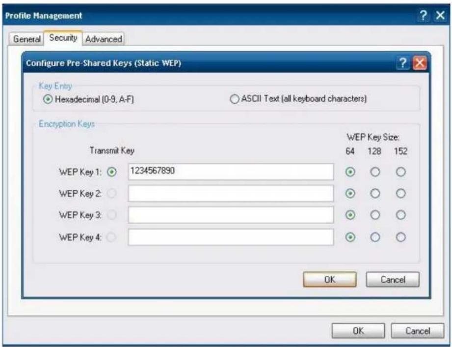 Profile Management General Security Advanced Configure Pre-Shared Keys (Static WEP) Key Entry Hexadecimal [0-9, A-F] ASCII Text (all keyboard characters) Encryption Keys Transmit Key WEP Key Size: 64 128 152 WEP Key 1: 1234567890 WEP Key 2: WEP Key 3: WEP Key 4: OK Cancel OK Cancel