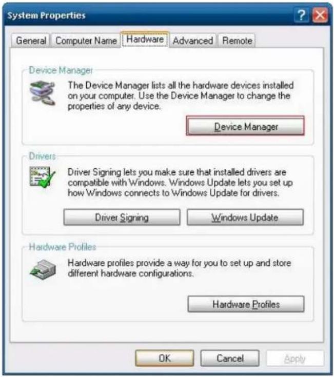 System Properties General Computer Name Hardware Advanced Remote Device Manager The Device Manager lists all the hardware devices installed on your computer. Use the Device Manager to change the properties of any device. Device Manager Drivers Driver Signing lets you make sure that installed drivers are compatible with Windows. Windows Update lets you set up how Windows connects to Windows Update for drivers. Driver Signing Windows Update Hardware Profiles Hardware profiles provide a way for you to set up and store different hardware configurations. Hardware Profiles OK Cancel Apply