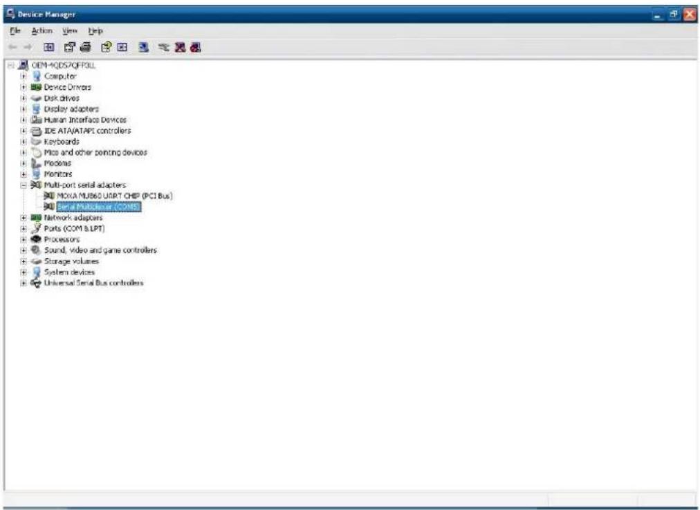 Device Manager Action View Help OEM-4QDS/OF011 Computer Device Drivers Disk drives Display adapters Human Interface Devices IDE ATA/ATAPE controllers Keyboards Mice and other pointing devices Podems Monitors Multi-port serial adapters MOXA MUB60 UAPT CHIP (PCI Bus) Serial Multisensor (COMS) Network adapters Ports (COM & LPT) Processors Sound, video and game controllers Storage volumes System devices Universal Serial Bus controllers