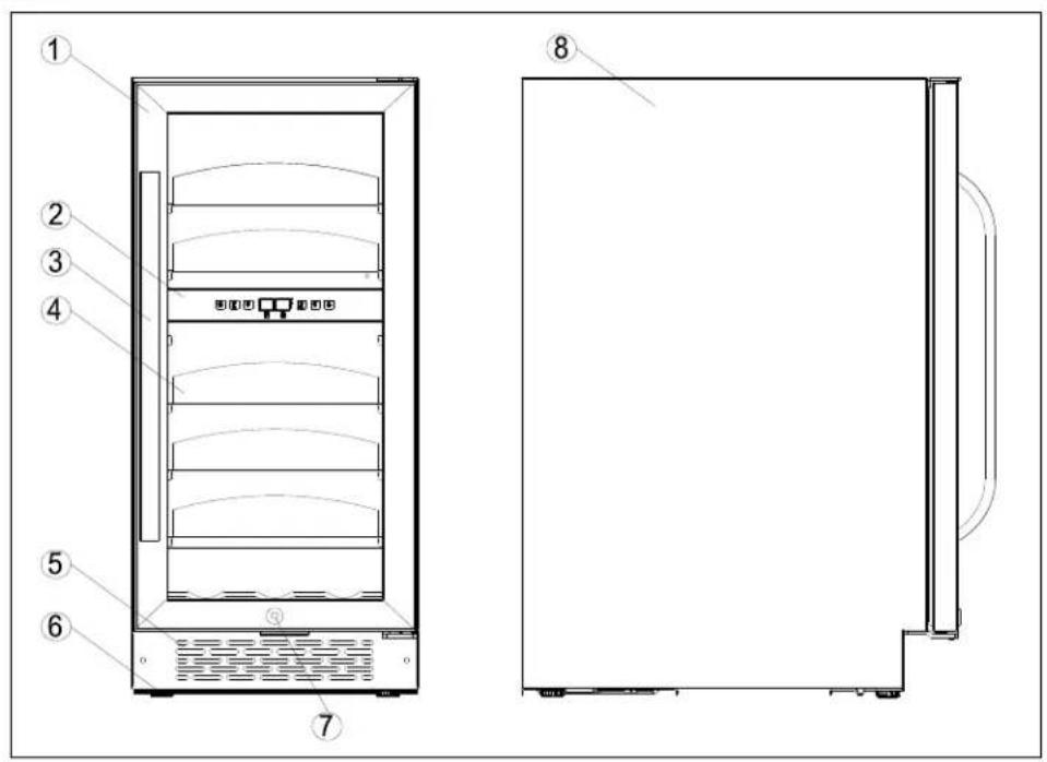 Technical diagram of a refrigerator with numbered components and exploded view