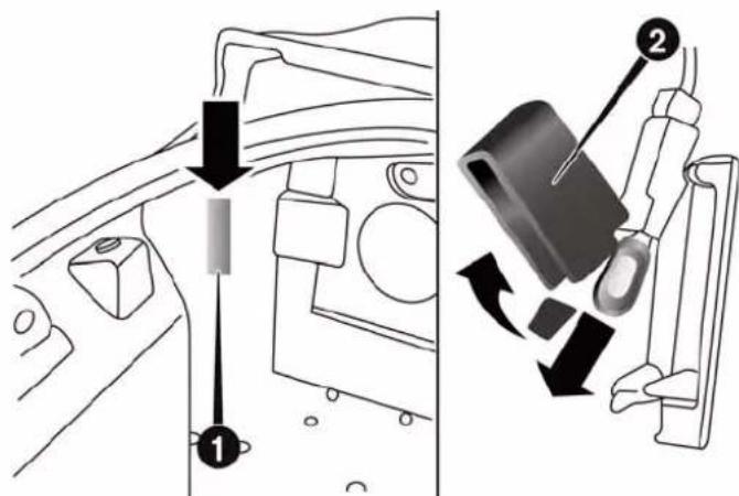 Diagram showing car seatbelt adjustment mechanism with labeled parts and directional arrows