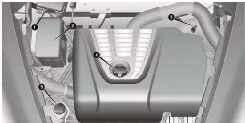Technical diagram of a vehicle engine compartment with numbered components for identification