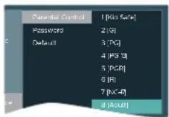 Parental Control Password Default 1 [Kins Safe] 2 [SI] 3 [PG] 4 [PG 1] 5 [PCR] 6 [RI] 7 [IAC-0] 8 [ACult]