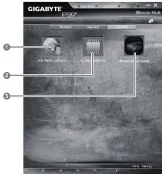 GIGABYTE P37 Macro Hub 1 PROCES MACROS SETBACK 2 SOFTWARE UPDATE CLEAN RECOVERY TRIMMABLE UPGRADE 3 FULL TREADS
