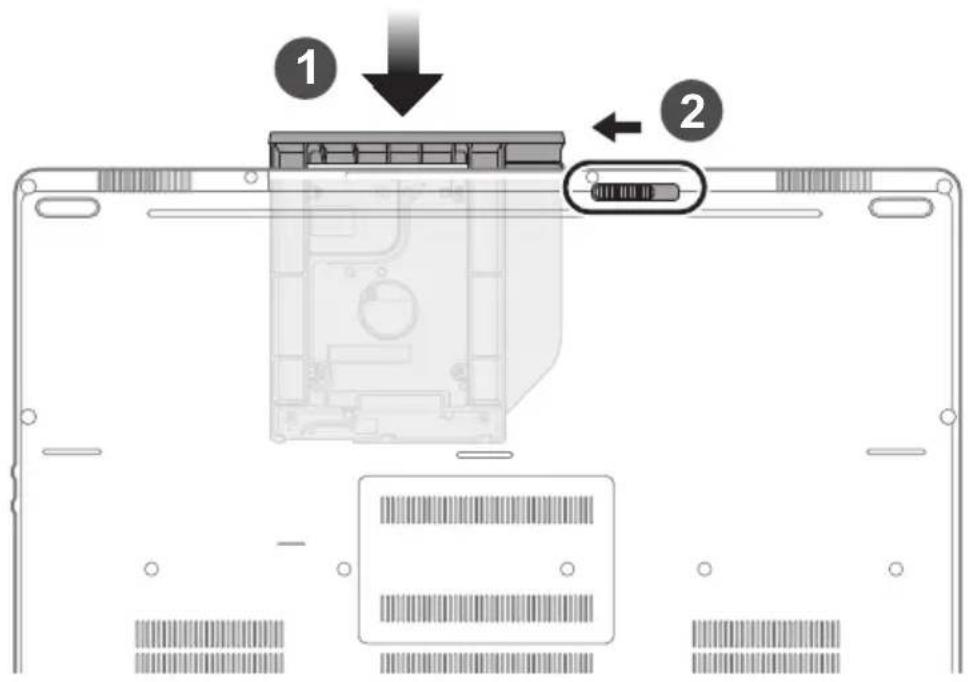 Diagram of a computer chassis showing labeled components including a battery cover and internal resistor, with numbered arrows indicating assembly steps.