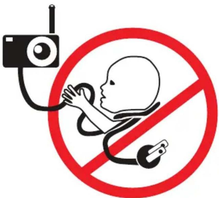Prohibition sign with a baby holding a stethoscope, radio, and no-smoking symbol