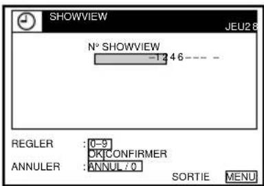 SHOWVIEW JEU28 N° SHOWVIEW -1 4 6 --- REGLER : 0-9 DKI CONFIRMER ANNULER : ANNUL / 0 SORTIE MENU