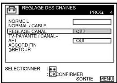 REGLAGE DES CHAINES PROG. 4 NORME L NORMAL / CABLE REGLAGE CANAL C27 TV-PAYANTE / CANAL+ AFT OUT ACCORD FIN RETOUR SELECTIONNER :● :OKCONFIRMER SORTIE MENU