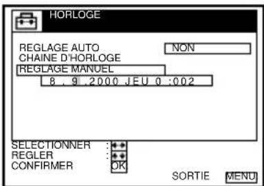 HORLOGE REGLAGE AUTO CHAINE D'HORLOGE NON REGLAGE MANUEL 8, 9, 2000 JEU 0:02 SELECTIONNER : . REGLER : . CONFIRMER OK SORTIE MENU