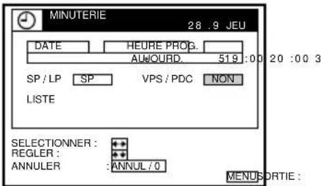 MINUTERIE 28 .9 JEU DATE HEURE PROG. AUWARD. 519 :00 20 :00 3 SP / LP SP VPS / PDC NON LISTE SELECTIONNER : REGLER : ANNULER : ANNUL / 0 MENDSORTIE :