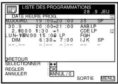 LISTE DES PROGRAMMATIONS 28 .9 JEU DATE HEURE PROG. AUJOURD. 19 :00:20 :00 35 SP 30 .9 20 :00:21 :00 AAB LP 2.00 00 1:30 →1 CDE LP LUN-VEN:00 15 :00 LP FGH DIM 6:30 → 7:00 IJK SP RETOUR SELECTIONNER :** REGLER : OK ANNULER : ANNUL /0 SORTIE MENU