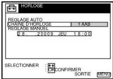 HORLOGE REGLAGE AUTO CHAINE D'HORLOGE 1 AAB REGLAGE MANUEL 2 8. 20009 JEU 1 8:00 SELECTIONNER : ORCONFIRMER SORTIE MENU: