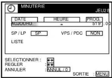 MINUTERIE JEU28 DATE HEURE PROG. ADJOURD. 519 : 0 SP / LP SP VPS / PDC NON LISTE SELECTIONNER : REGLER : ANNULER : ANNUL / 0 SORTIE : MENU