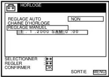 HORLOGE REGLAGE AUTO CHAINE D'HORLOGE REGLAGE MANUEL 1 . 1 .2000 SAM 0 :00 NON SELECTIONNER : REGLER : CONFIRMER OK SORTIE MENU