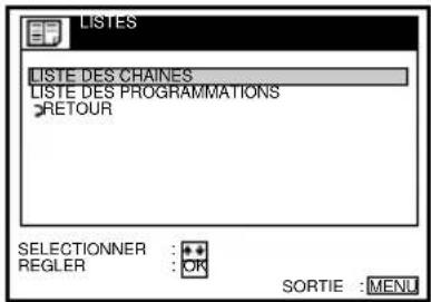 LISTES LISTE DES CHAINES LISTE DES PROGRAMMATIONS RETOUR SELECTIONNER : + REGLER : OK SORTIE : MENU