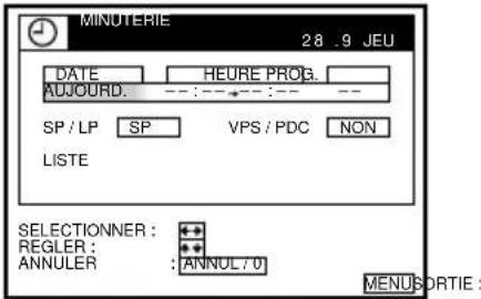 MINUTERIE 28 .9 JEU DATE HEURE PROG. AUJOURD. --- :--- :--- --- SP / LP SP VPS / PDC NON LISTE SELECTIONNER : REGLER : ANNULER : ANNUL 70 MENU SORTIE :