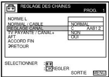 REGLAGE DES CHAINES PROG. 1 NORME L NORMAL / CABLE REGLAGE CANAL C AAB12 TV-PAYANTE / CANAL+ NON AFT OUI ACCORD FIN RETOUR SELECTIONNER : DKREGLER SORTIE MENU
