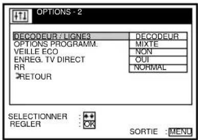 OPTIONS - 2 DECODEUR / LIGNE3 DECODEUR OPTIONS PROGRAMM. VEILLE ECO NON ENREG. TV DIRECT RR OUT NORMAL RETOUR SELECTIONNER : + REGLER : OK SORTIE : MENU