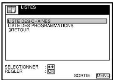 LISTES LISTE DES CHAINES LISTE DES PROGRAMMATIONS RETOUR SELECTIONNER : REGLER : OK SORTIE MENU