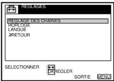 REGLAGES REGLAGE DES CHAINES HORLOGE LANGUE RETOUR SELECTIONNER : OR REGLER SORTIE MENU