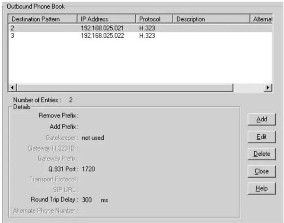 Outbound Phone Book Destination Pattern IP Address Protocol Description Alternate 2 192.168.025.021 H.323 3 192.168.025.022 H.323 Number of Entries: 2 Details Remove Prefix : Add Prefix : Gatekeeper: not used Gateway H.323 ID : Gateway Prefix : Q.931 Port: 1720 Transport Protocol : SIP URL : Round Trip Delay: 300 ms Alternate Phone Number: