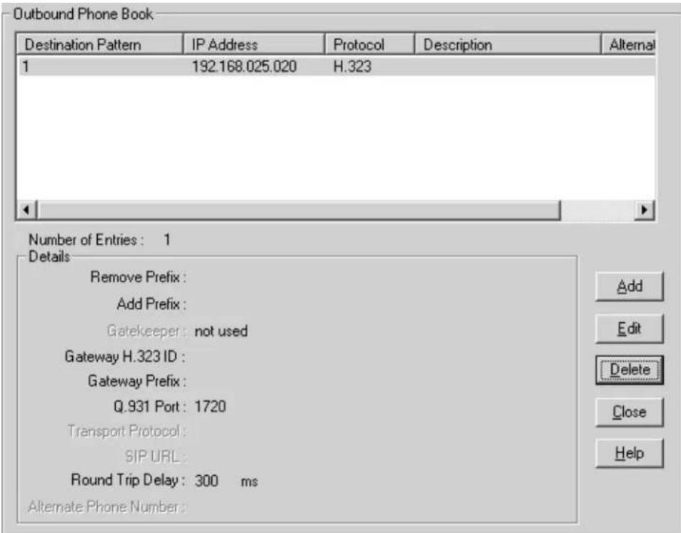 Outbound Phone Book Destination Pattern IP Address Protocol Description Alternate 1 192.168.025.020 H.323 Number of Entries: 1 Details Remove Prefix : Add Prefix : Gatekeeper: not used Gateway H.323 ID : Gateway Prefix : Q.931 Port: 1720 Transport Protocol : SIP URL : Round Trip Delay: 300 ms Alternate Phone Number: