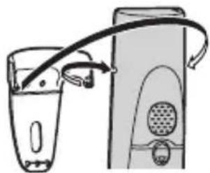 Illustration of a glass being inserted into a device with a curved arrow indicating flow (no text or symbols)