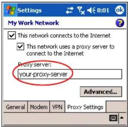 Settings 8:01 ok My Work Network ✓ This network connects to the Internet ✓ This network uses a proxy server to connect to the Internet Proxy server: your-proxy-server Advanced... General Modem VPN Proxy Settings