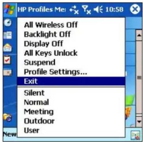 All Wireless Off Backlight Off Display Off All Keys Unlock Suspend Profile Settings... Exit Silent Normal Meeting Outdoor User