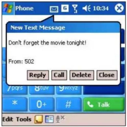 New Text Message Don't forget the movie tonight! From: 502 Reply Call Delete Close Edit Tools