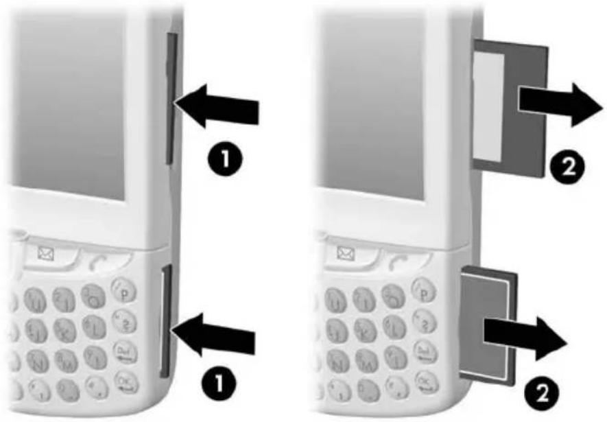 Diagram showing two views of a mobile phone with labeled buttons and directional arrows indicating movement or insertion.