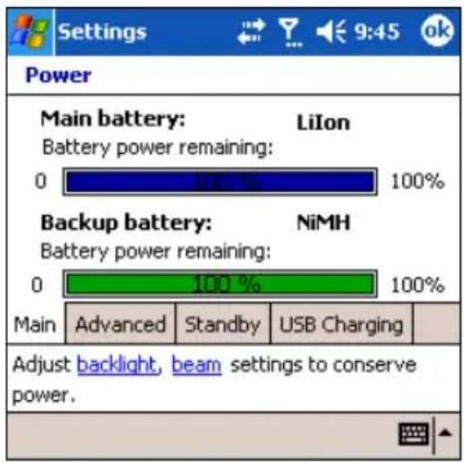 Settings 9:45 ok Power Main battery: LiIon Battery power remaining: 0 100 % 100% Backup battery: NiMH Battery power remaining: 0 100 % 100% Main Advanced Standby USB Charging Adjust backlight, beam settings to conserve power.