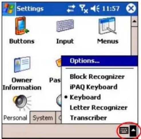 Settings Buttons Input Menus Options... Block Recognizer iPAQ Keyboard • Keyboard Letter Recognizer Transcriber Owner Information Pas Personal System