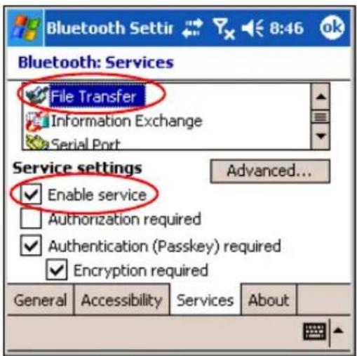Bluetooth: Services File Transfer Information Exchange Serial Port Service settings ✓ Enable service □ Authorization required ✓ Authentication (Passkey) required ✓ Encryption required General Accessibility Services About