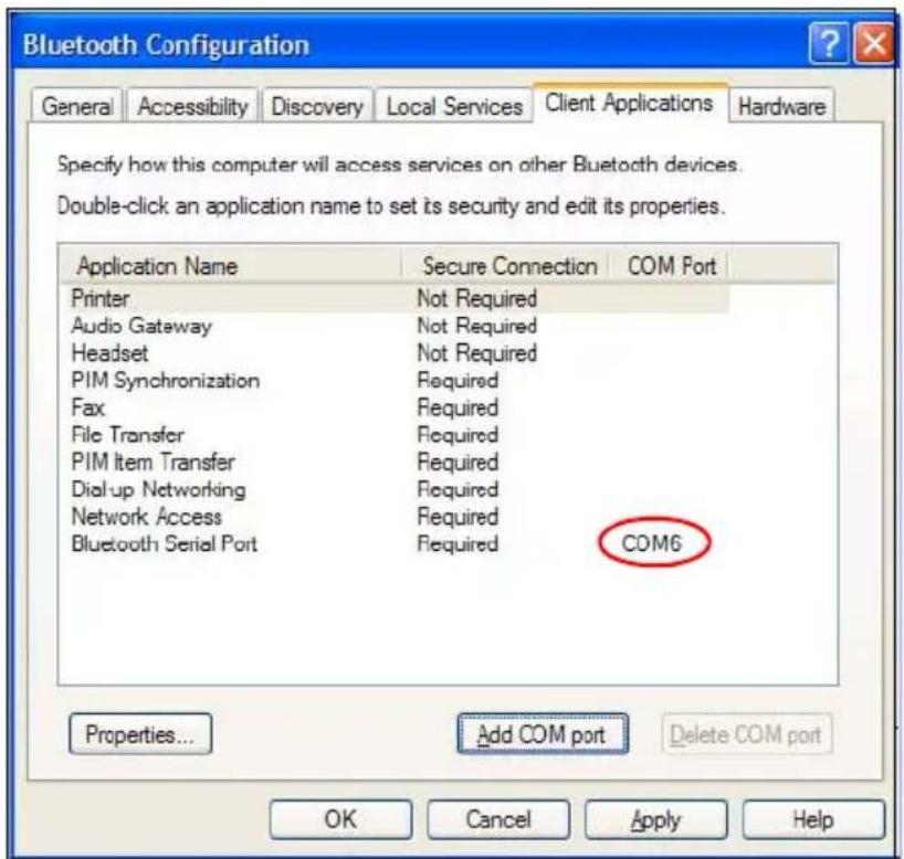 Bluetooth Configuration General Accessibility Discovery Local Services Client Applications Hardware Specify how this computer will access services on other Bluetooth devices. Double-click an application name to set its security and edit its properties. Application Name Secure Connection COM Port Printer Not Required Audio Gateway Not Required Headset Not Required PIM Synchronization Required Fax Required File Transfer Required PIM Item Transfer Required Dial-up Networking Required Network Access Required Bluetooth Serial Port Required COM6 Properties... Add COM port Delete COM port OK Cancel Apply Help