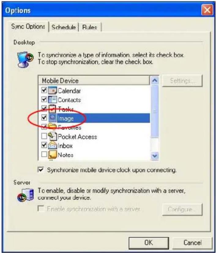 Options Sync Options | Schedule | Rules | Desktop To synchronize a type of information, select its check box. To stop synchronization, clear the check box. Mobile Device ✓ Calendar ✓ Contacts ✓ Tasks ✓ Image ✓ Favorites □ Pocket Access ✓ Inbox □ Notes Settings... ✓ Synchronize mobile device clock upon connecting. Server To enable, disable or modify synchronization with a server, connect your device. □ Enable synchronization with a server. Configure... OK Cancel