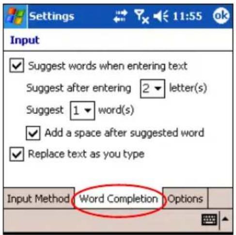 Settings 11:55 ok Input ✓ Suggest words when entering text Suggest after entering 2 letter(s) Suggest 1 word(s) ✓ Add a space after suggested word ✓ Replace text as you type Input Method Word Completion Options